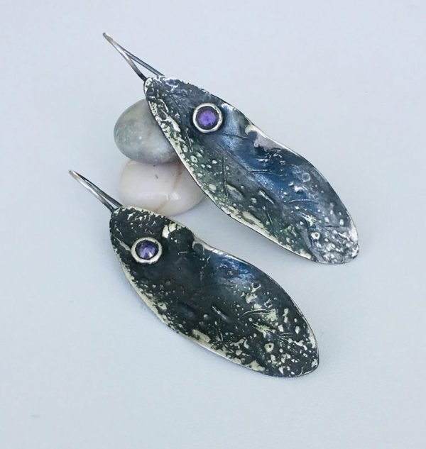 handmade silver earrings in leaf design with popular small amethyst stones