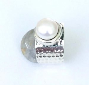 top view white pearl silver ring