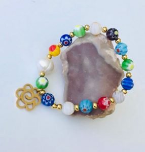 Millefiori Bead Murano Glass Pearl Flower Stainless Steel Stretch Elastic Bracelet