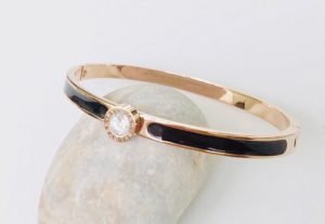 Round Stain Steel Cuff Bangle Clear CC Gold Rose Plated for women