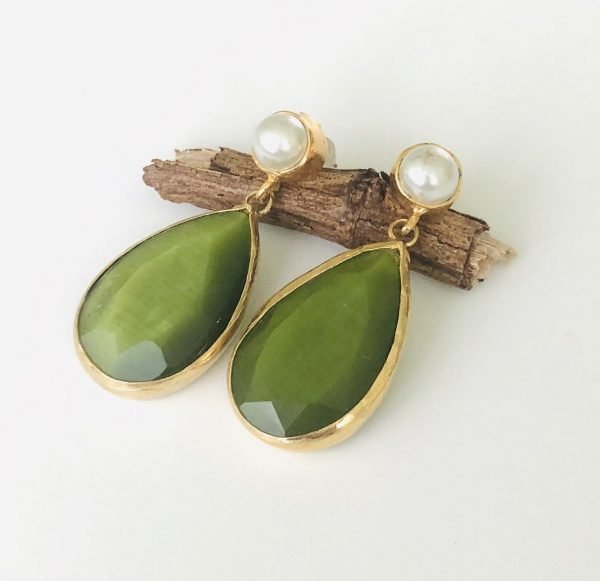 Green Cat Eye Gold Plated Teardrop Earrings