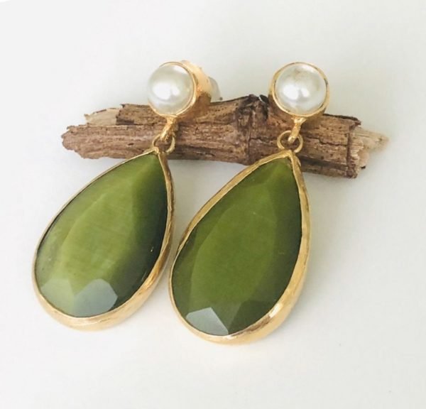 Green Cat Eye Gold Plated Teardrop Earrings - Image 2