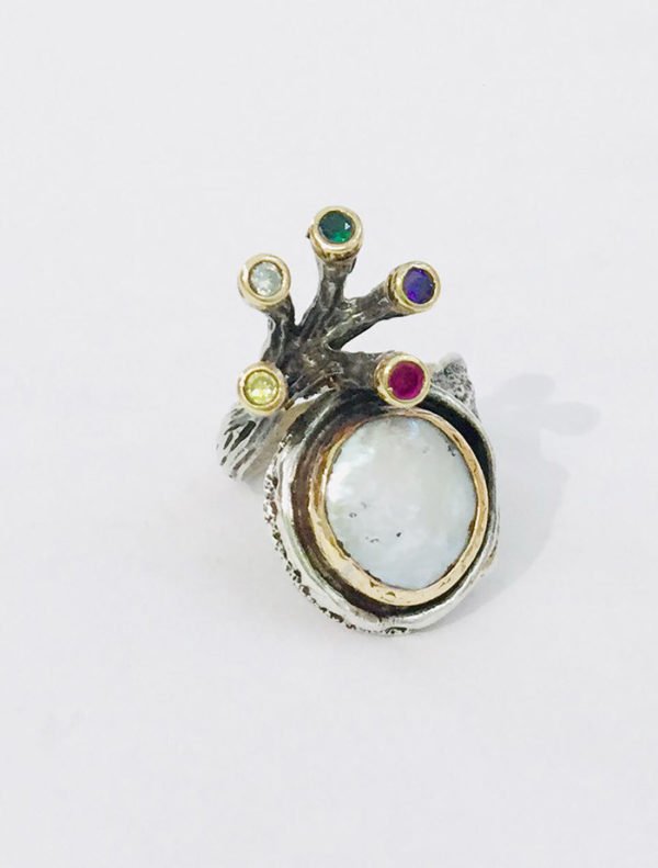 white pearl silver ring made of multigem stones
