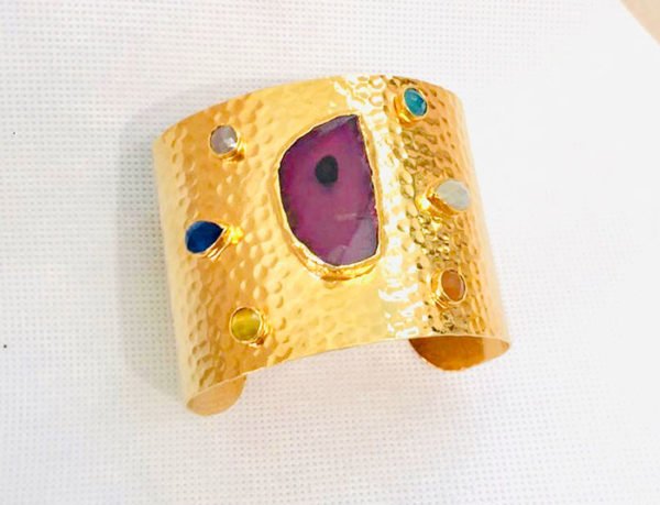 gold plated cuff bracelet with natural stones