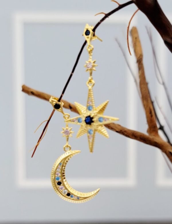 Crescent Moon & Star Drop Earring Silver 925 - Image 2