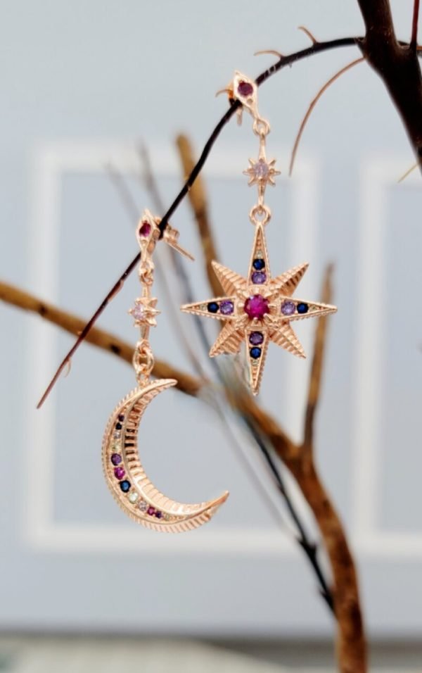 Crescent Moon & Star Drop Earring Silver 925