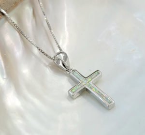 white australian opal necklace in cross shape