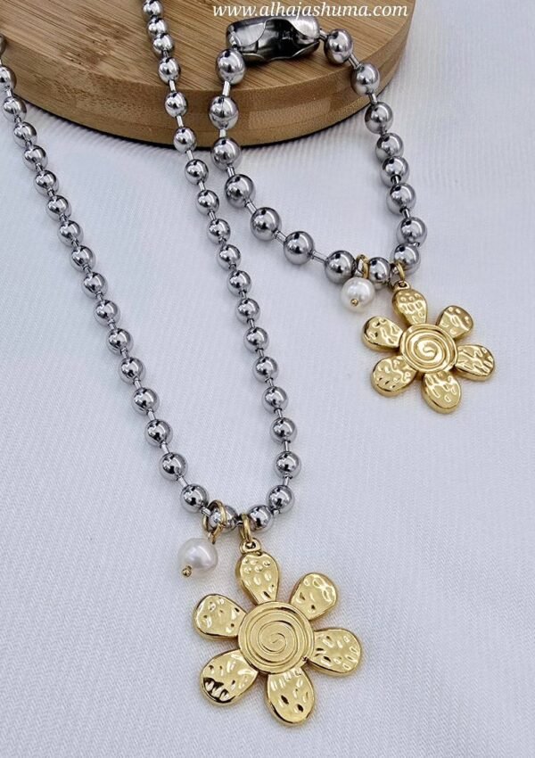 Two Tone Flower Pearl Necklace Bracelet