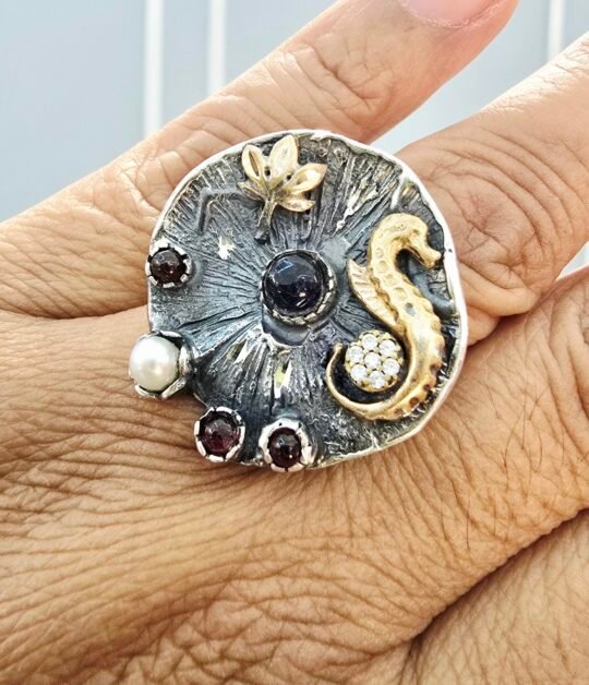 Sea Horse Ring-Black Obsidian & Copper